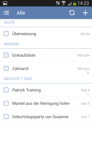 Aufgaben und Termine werden nach Fälligkeitsdatum sortiert.
