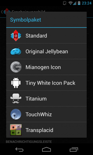 Abbildung 7: Durch das simple Auswählen des gewünschten Paketes im Nova Launcher werden die alten Icons durch die neuen ersetzt.