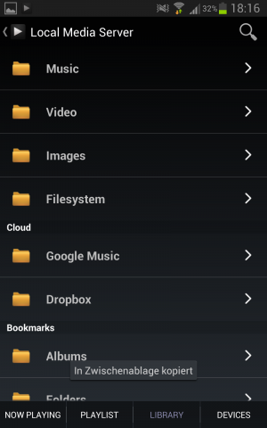 Abbildung 2: Als Media Server greift BubbleUPnP nicht nur auf die lokalen Medien zu, sondern auch auf Cloud-Dienste wie Google Play Music und Dropbox.