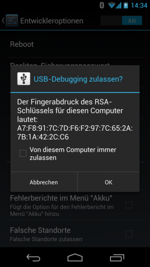 Abbildung 7: Zur Sicherheit muss bei aktuellen Androiden ein RSA-Fingerprint akzeptiert werden.