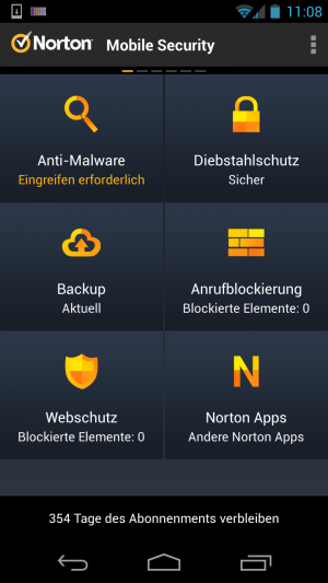 Abbildung 1: Das Hauptmenü von Norton Mobile Security mit den fünf Menüpunkten und weiteren Norton Apps.