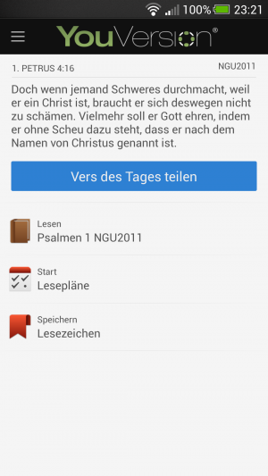 Abbildung 5: Die Bibel schlägt täglich ein Zitat vor, das man über Facebook und Twitter teilen kann.