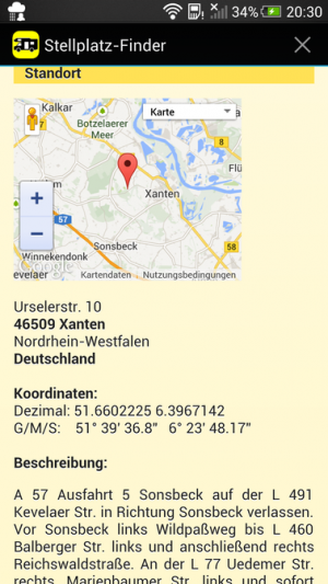 Abbildung 10: Im Stellplatzfinder finden Sie wichtige Informationen zu Ihrem nächsten Etappenziel.