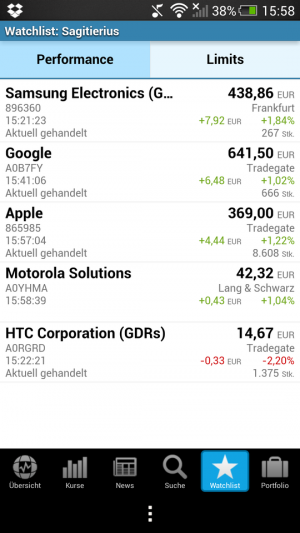 Abbildung 14: Die Finanzen-App zeigt Wechselkurse, Rohstoffpreise und Aktienkurse an.