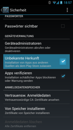 Abbildung 3: Die Installation von Apps unbekannter Herkunft muss von Ihnen ausdrücklich erlaubt werden.