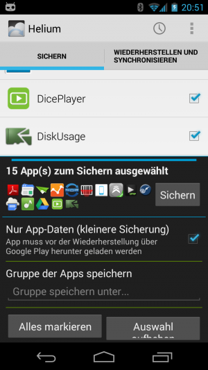 Abbildung 10: Helium App Sync and Backup erstellt kompatible Backups direkt auf dem Android-Gerät.