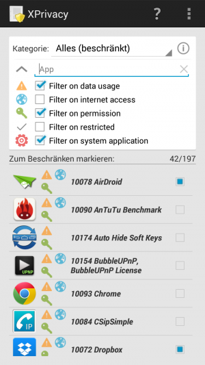 Abbildung 2: Nach dem Start zeigt XPrivacy eine Übersicht über alle auf dem Handy installierten Apps.