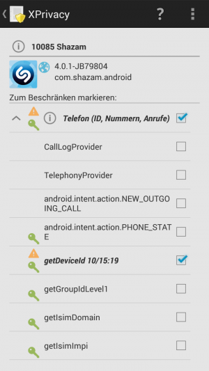 Abbildung 6: Jedes Recht kann mit XPrivacy sehr feingranular entzogen oder gewährt werden.