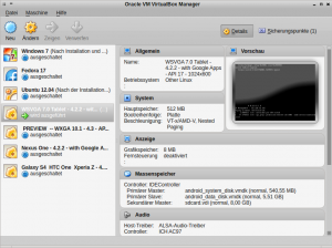 Abbildung 8: VirtualBox listet die Android-VMs auf, dort lassen sie sich ausführlich konfigurieren.