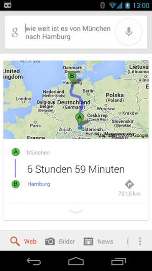 Abbildung 3: Google Now nennt die Entfernung und Fahrtdauer zwischen den erkannten Orten.