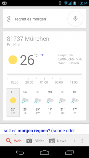 Abbildung 4: Auf die Frage ob es denn morgen regnen würde, kennt Google umgehend die Antwort.