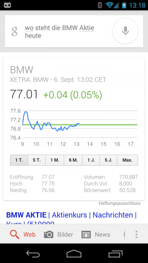 Abbildung 5: Google Now verrät Ihnen wie sich Ihre Aktien heute im Verlauf des Tages machen.