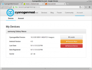 Abbildung 2: Über das Web-Frontend von CyanogenMod Orten oder Löschen Sie Ihr CM-Handy über das Netz.