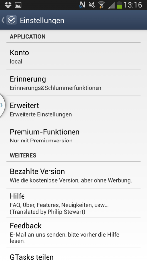 Abbildung 7: Bereits die Grundversion von GTasks bietet viele Funktionen.