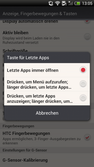 Abbildung 5: Die Menütaste zeigt je nach Einstellung die letzten Apps oder das Kontextmenü an.