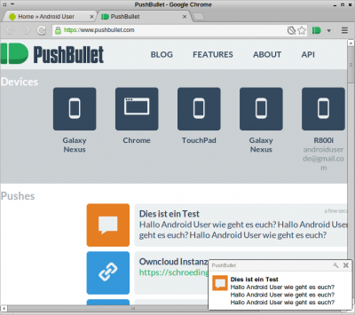 Das PushBullet Add-On meldet den Erhalt einer PushBullet-Nachricht.