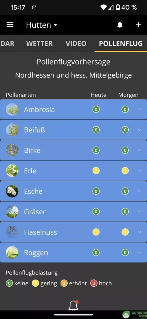 Pollenflug in Wetter.com, eine kostenlose Wetter App
