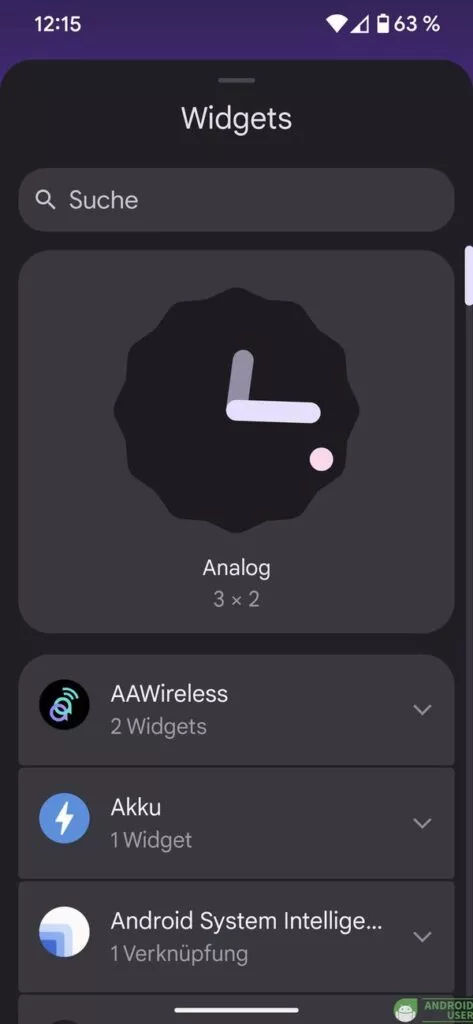 In der Widgetlliste wählst du deine App aus