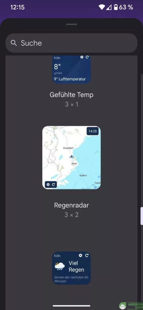 Ein Regenradar Widget der Wetter App