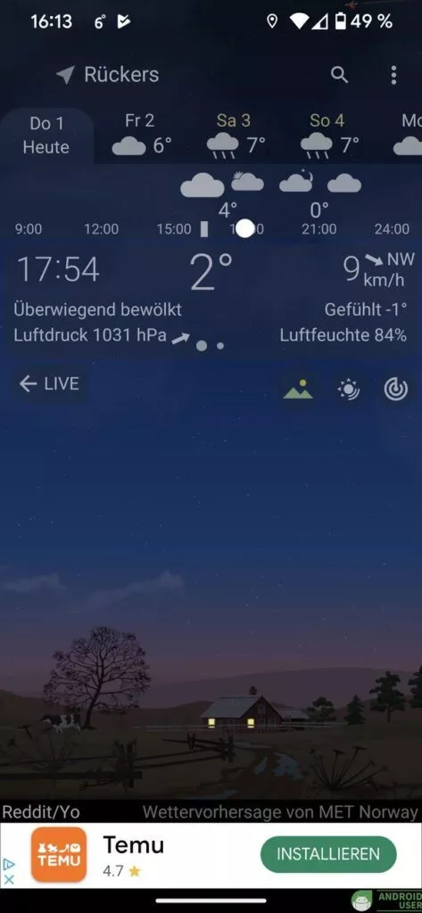 Wetter-Anzeige nachts in YoWindow