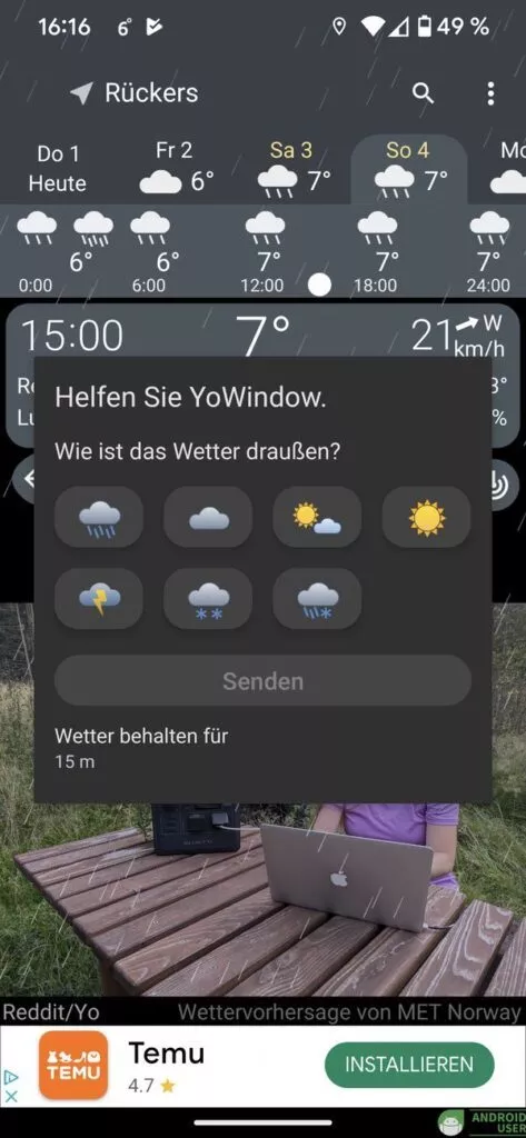 Wetter an deinem Standort melden an YoWindow