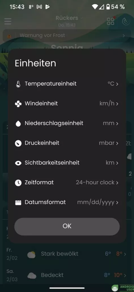 Auswahl der Einheiten in der Wetter App