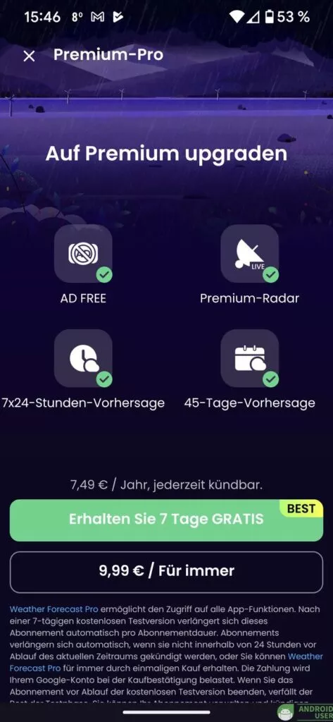 Diverse Funktionen gibt es erst mit der Premium-Version der Wetter App