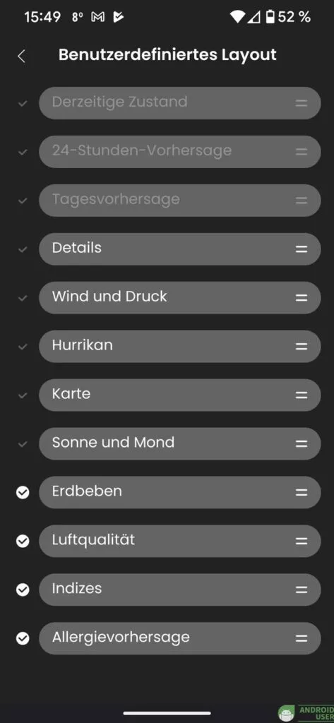Auswählen, welche Informationen angezeigt werden sollen in der Wetter App