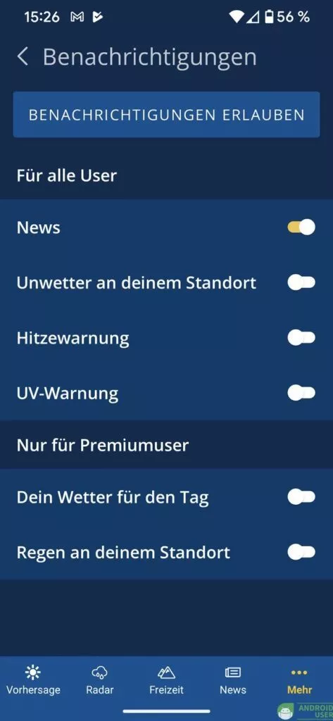 Du wählst aus, welche Warnungen du von Wetter.de erhalten möchtest