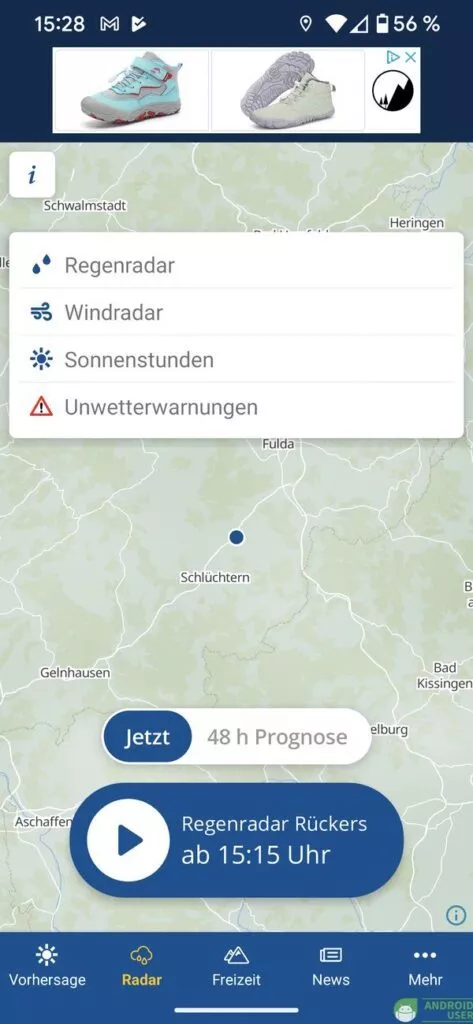 Du wählst die Anzeige des Radars aus