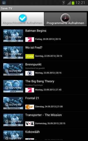 Abbildung 2: Die von Save.TV gespeicherten Sendungen zeigt die App in einer übersichtlichen Liste an.
