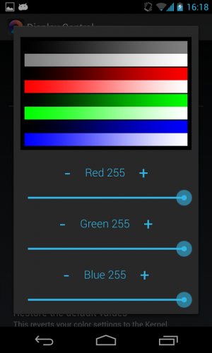 Abbildung 2: Nexus 4 Display Control erlaubt es, die Farbdarstellung des Handydisplays zu ändern.
