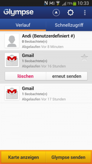 Abb.2: Wem Sie einen Glympse geschickt haben und ob dieser noch aktiv ist, zeigt Ihnen der Verlauf an.
