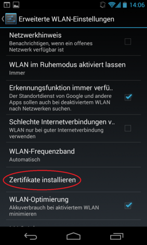 Abbildung 2: In den Detaileinstellungen zum WLAN finden Sie die Option für Zertifikate.