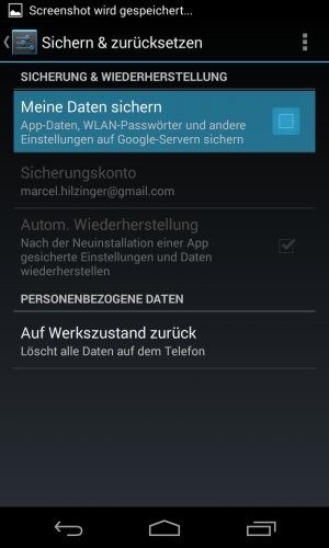 Abbildung 3: Vor dem Setup des Eduroam-Netzwerks sollten Sie die Checkbox bei "Meine Daten sichern" entfernen.