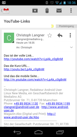 Abbildung 6: Klicken Sie einen youtu.be-Link in Gmail an, so wird die YouTube-App nicht zum Öffnen angeboten.