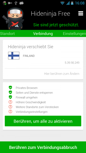 Abbildung 12: VPN-Apps wie Hideninja leiten den Traffic durch's Ausland und umgehen die GEMA-Sperre.