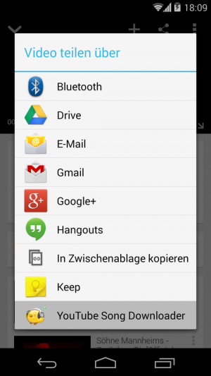 Abbildung 5: Der YouTube Song Downloader bindet sich lediglich in das Teilen-Menü des Handys ein.