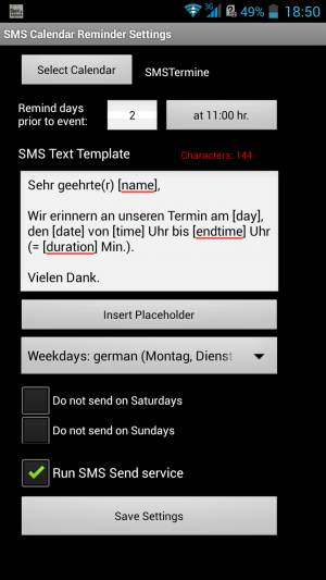 Abbildung 3: Mit einer passenden Textvorlage verrichtet SMS Calendar Reminder automatisch seinen Dienst.