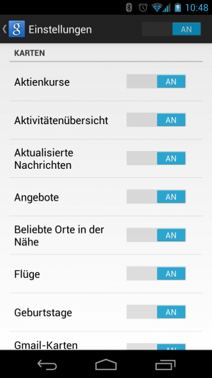 Abbildung 9: Jede Google-Now-Karte lässt sich in den Einstellungen getrennt voneinander abschalten.