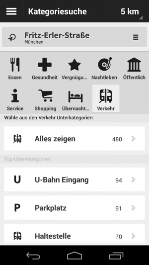 Abbildung 9: Über die Kategoriesuche finden Sie schnell den Weg zur nächsten Tankstelle.