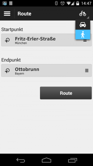 Abbildung 12: In die Rad- und Fußgängernavigation gelangen Sie nur aus der Routenfunktion.