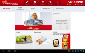 Abbildung 1: Die Startseite der Cewe Fotowelt auf einem Tablet. Einen Portrait-Modus gibt es nicht.
