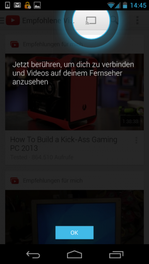 Abbildung 2: In der neuen YouTube-App erscheint automatisch dieser Hinweis, wenn sich Cast-fähige Geräte im Netz befinden.