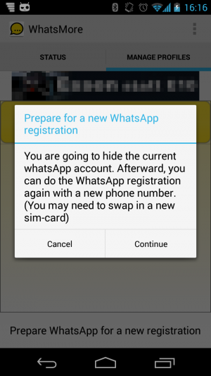 Abbildung 1: WhatsMore sichert Ihr WhatsApp-Profil, sodass Sie ein neues anlegen können.