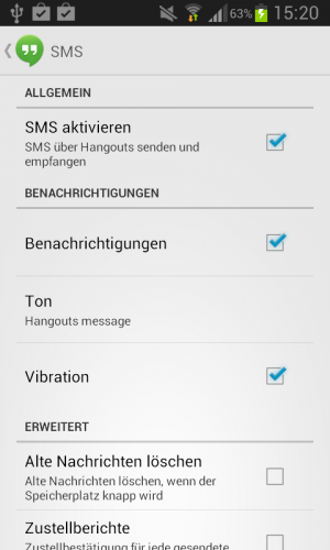 Abbildung 10: Die Integration von SMS in die Hangouts-App lässt sich auch wieder abstellen.