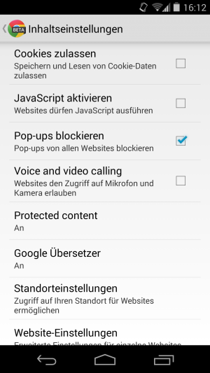 Abbildung 4: Beschränken Sie die Nutzung von Cookies und JavaScript in den Inhaltseinstellungen, um Ihre Datenspur zu minimieren.