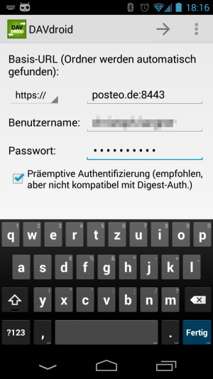 Abbildung 4: In DAVdroid tragen Sie die Zugangsdaten für Ihren CalDAV-/CardDAV-Account ein.