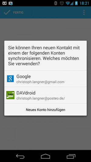 Abbildung 6: Beim Speichern eines Kontakts haben Sie die Wahl zwischen Google und DAVdroid.