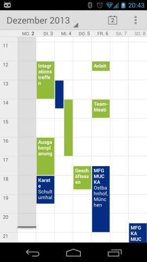Abbildung 8: Der Android-Kalender kennzeichnet Termine aus unterschiedlichen Quellen in verschiedenen Farben.